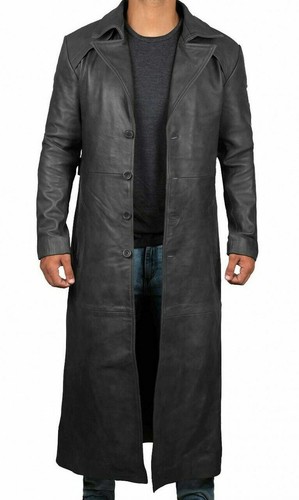 Men's Long Full Length Black Leather Button Front Trench Over coat Duster Jacket