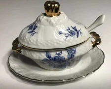 VTG Blue & Gold Oval Glazed Ceramic Salt Bowl W/Lid & Spoon - 5 1/2” x 3 1/2