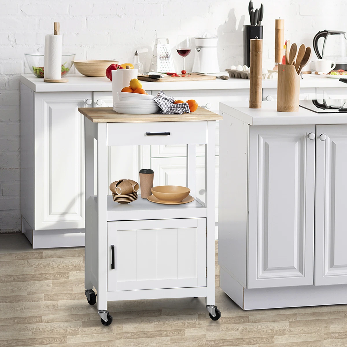 White Rolling Kitchen Island Cart on Wheels Side Table with Drawer