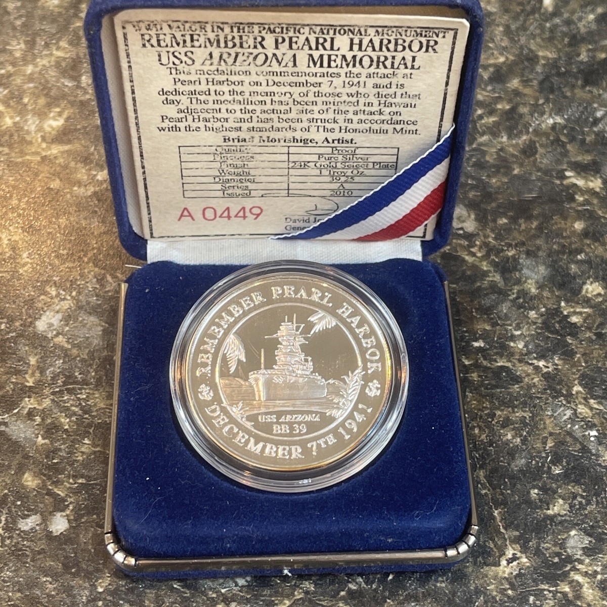 2010 PEARL HARBOR HAWII Coin -USS Arizona MEMORIAL 1 Troy Oz