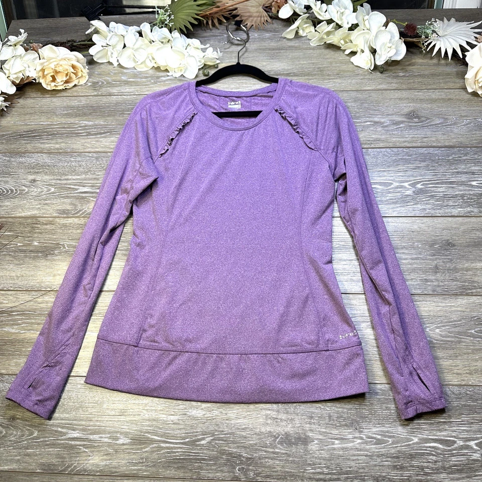 Top trasero talla mediana púrpura con volantes manga larga ropa deportiva yoga gimnasio entrenamiento Foto 3 de 4