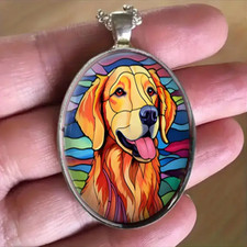 Dog Golden Retriever Oval Jewelry Vintage Silvery Pet Animal Pendant Necklace C