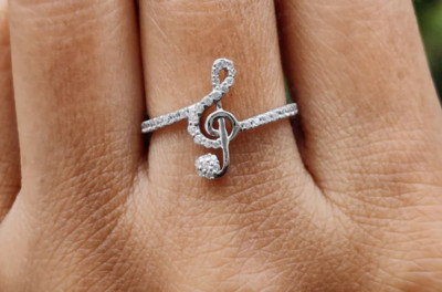 Fine Musical Note In Bright 10K White Gold With Genuine Round Moissanite Ring
