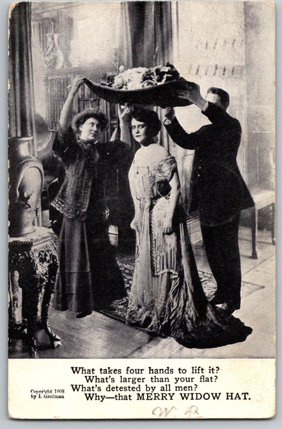 Merry Widow Hat Rhyme 1908 Postmark Holdrege NE L Groilman Humor Postcard