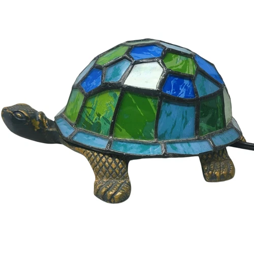 Vtg Stained Glass Tiffany Style Turtle Tortoise Table Lamp Night Light Works