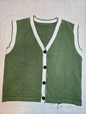 Green Sleeveless Button-Up Vest with White Trim
