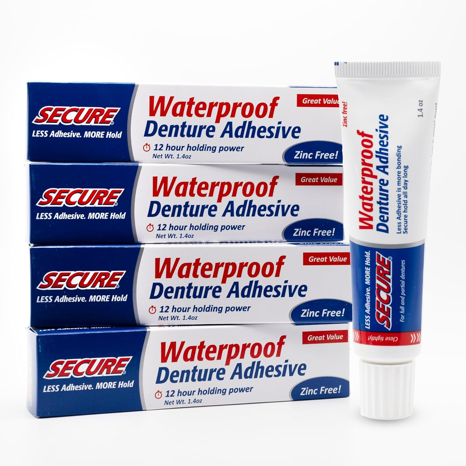 Secure Waterproof Denture Adhesive - Zinc Free - Extra Strong 12 Hour Hold - 1.4