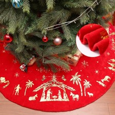 Red and Gold Christmas Tree Skirt Faux Fur Nativity Scene Tree Skirt Religiou...