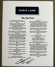 CHRIS LANE SIGNED LYRIC SHEET BIG, BIG PLANS AUTHENTIC AUTOGRAPH COA
