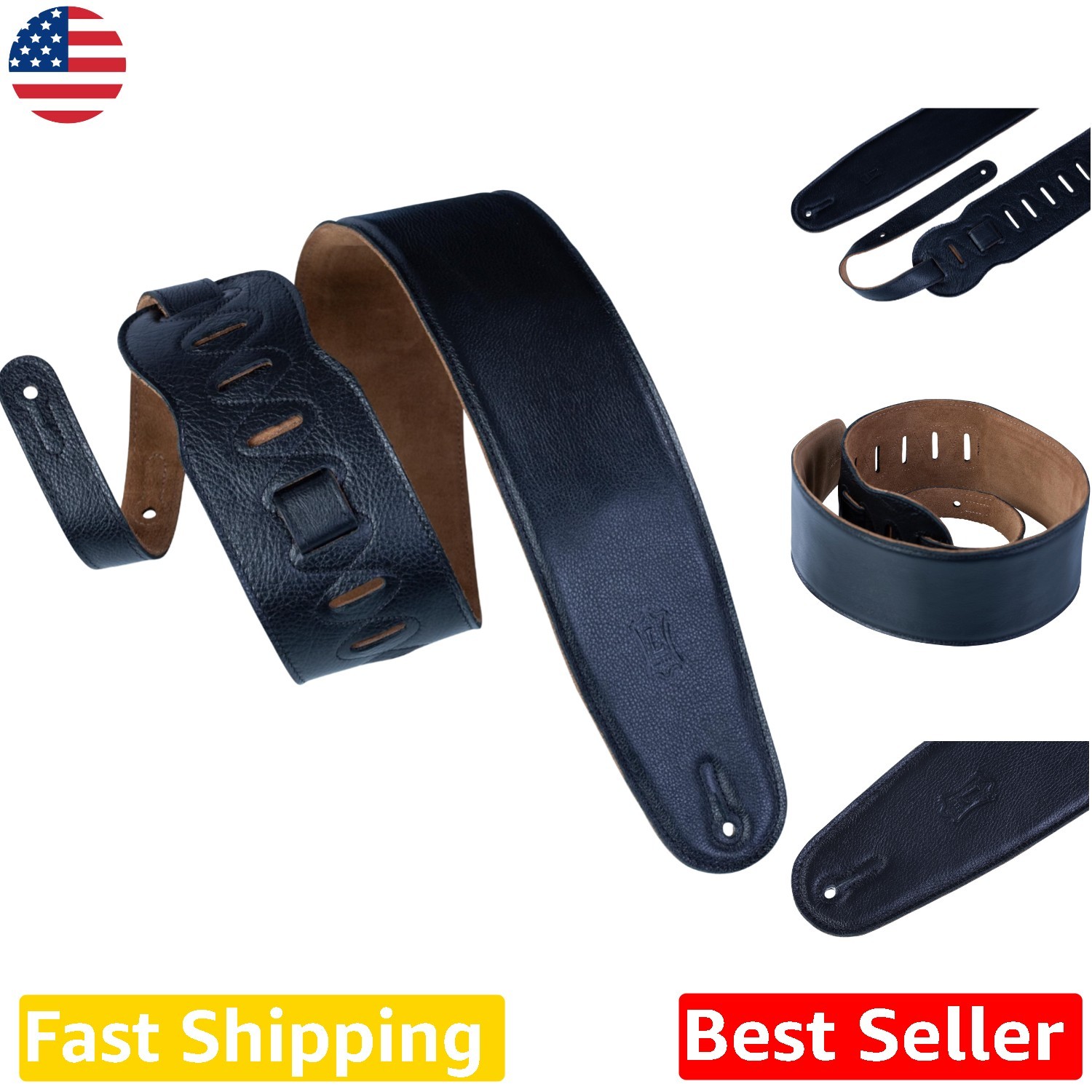 3.5" Padded Leather Bass Guitar Strap - Suede Back, Adjustable 36-52"