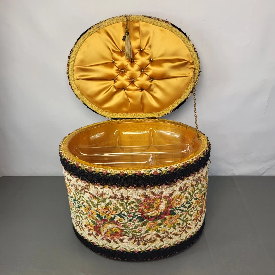 Vintage Storage Ottoman / Footstool Tapestry Floral Theme Sewing Box Handmade  - Image 2 of 4