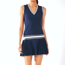 Tory Burch Sport Performance VNeck Tennis Mini Dress Pleated Navy Blue Stripe XL