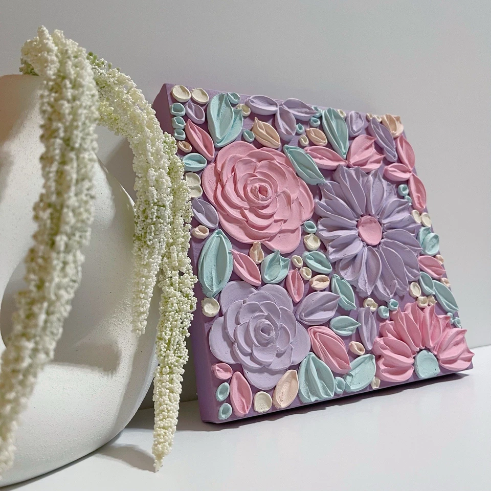Decoración de arte de pared para habitación de niñas, pintura de flores con textura 3D, arte floral rosa y lila Foto 3 de 4