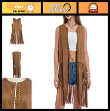 70s Hippie Costume Fringe Vest - Faux Suede Sleeveless Tassel Cardigan Jacket, C