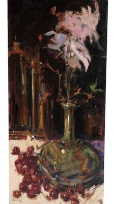 Ken Moroney - Original Ölgemälde - Stillleben mit Kirschen & Blumen.