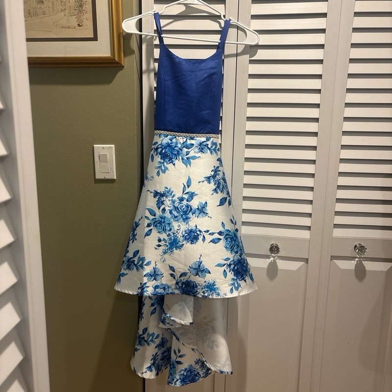 Xtraordinary Girls 14 Blue/White Floral Hi-Low Sleeveless V-Neck Bow Dress