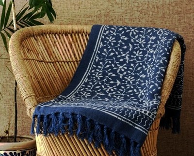 Hand Block Printed Indigo Throw Blanket 100% Cotton Bohemian Bed Sofa Blanket