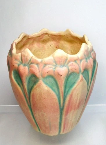 1929 Brush McCoy Pottery Ivotint Amaryllis Pink & Blue Green 5.75" Planter
