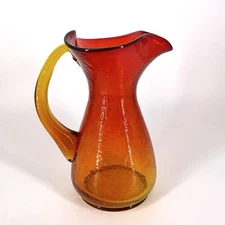 Vintage Kanawha Crackle Glass Pitcher Vase Amberina Hand Blown 8.5”