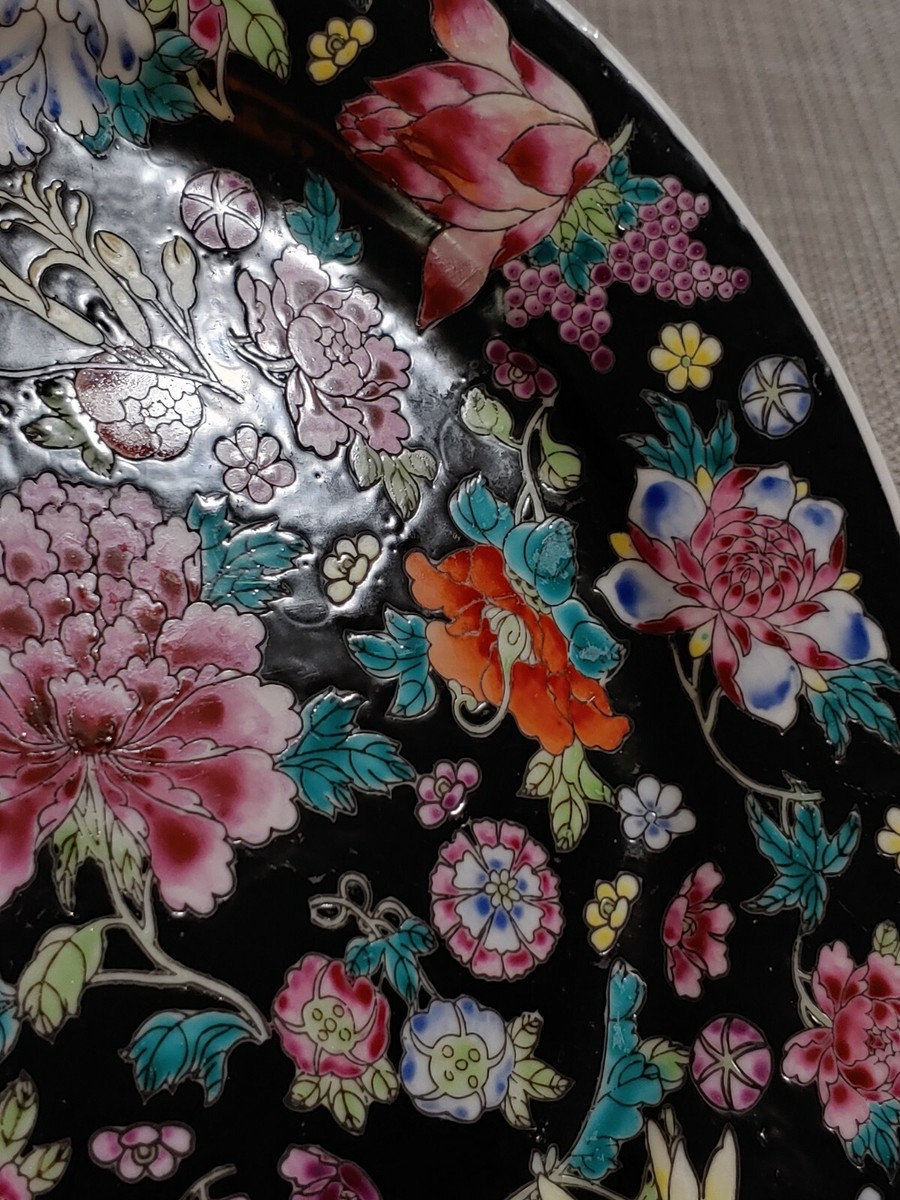景德镇墨地粉彩瓷器果盘China Jingdezhen Famille Noire Fencai