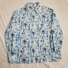 VTG 70s Montgomery Ward Shirt Button Up Disco Atomic Art Hippie Women's Small 