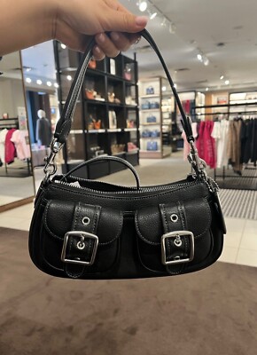 NWT Coach Leather Ashton Baguette shoulder bag Silver Black CM079