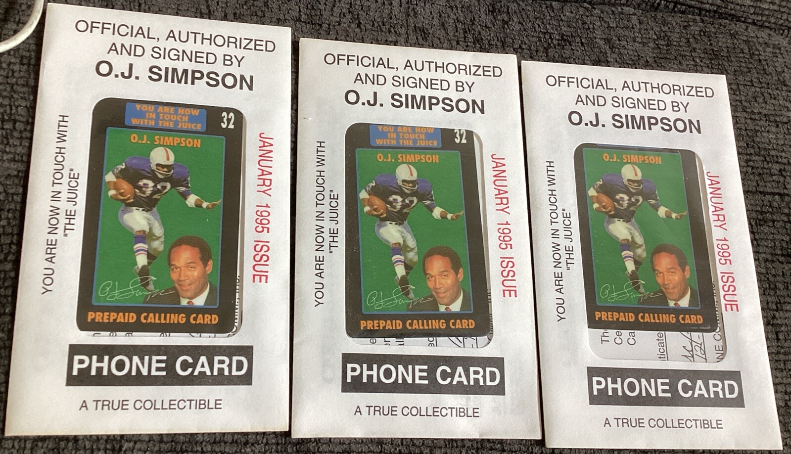 3 O J SIMPSON 32 Unit Phone Card SEALED Official Authorized Facsimile Signature
