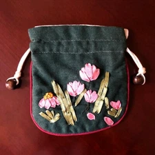 Dark Green Floral Jewelry Accessory Adjustable Small Pouch Gift Storage Bag New 