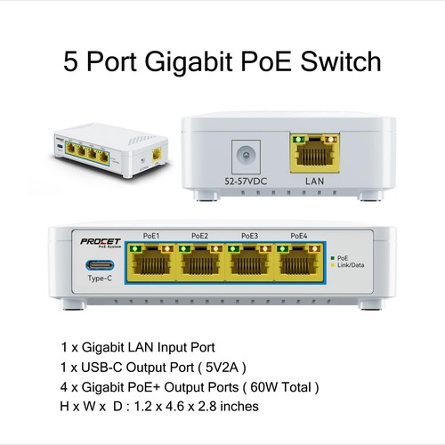 Gigabit 5 Port Poe Switch With 4 Poe+ Ports & 1 Usbc 5v2a Port Small Poe Etherne - Picture 6 of 7