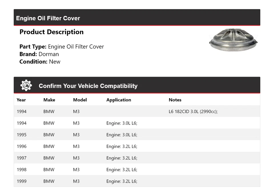 Cubierta del filtro de aceite del motor BMW M3 Dorman 1994-1999 1995 1996 1997 1998 Foto 2 de 4