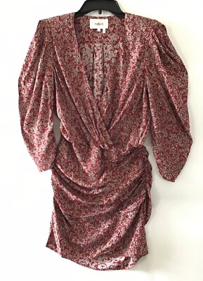 BA&SH Crystal Red Floral Print Draped Mini Dress S Sleeves Gather Front New