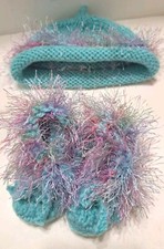 Handmade Knitted Crocheted Baby Hat  Bootie Set Fluffy Turquoise