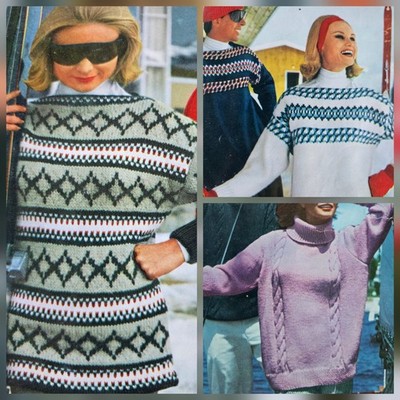 1960s Nordic Banded Batwing Waffle Boat  Nec Villawool Ski Sail Knitting Pattern