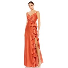Mac Duggal Spiced Copper Satin Ruffle Slit Evening Gown Dress 68551 Size 4