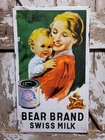VINTAGE BEAR BRAND PORCELAIN SIGN OLD SWISS MILK POWDER SWITZERLAND DAIRY CREAM