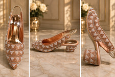 Women's Rose Gold Pearl Embellished Slingback Block Heel Sandals Party Shoes