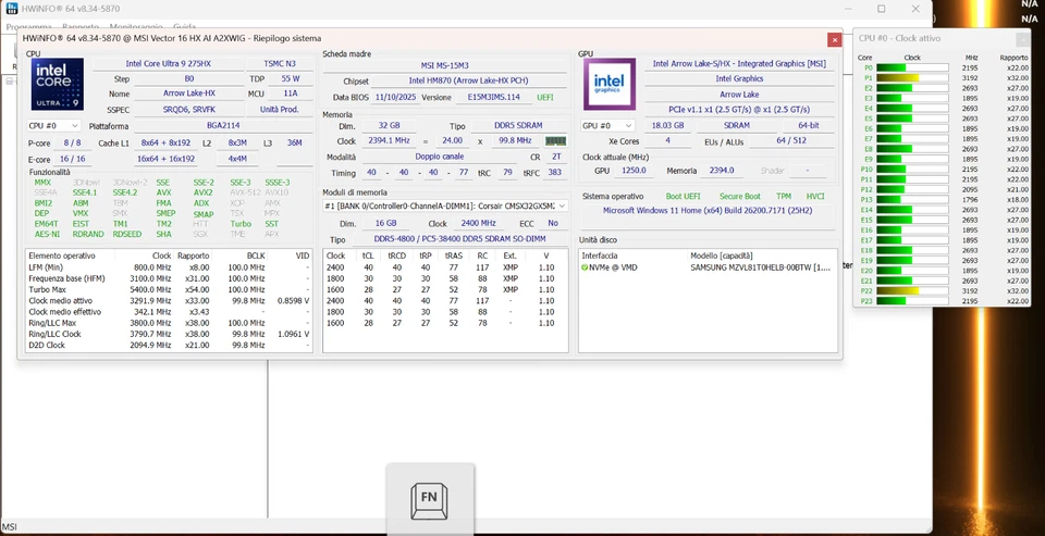 MSI Vector 16 HX AI A2XWIG-040IT,Intel U9 275HX 32 gb 1tb Nvidia rtx5080 da 16gb - Immagine 2 di 2