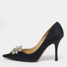 Jimmy Choo Manda Size 39.5 Black Satin Embellished Pointed Toe Pumps