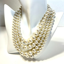 VTG Japan 4 Strand Faux Pearl Choker Necklace Rhinestone Bow Clasp 12.5"-16"