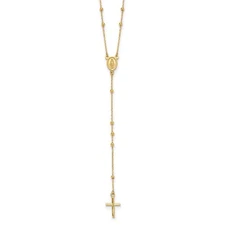 14K Yellow Gold Polished Cross and Miraculous Medal Beaded Rosary 24.5"