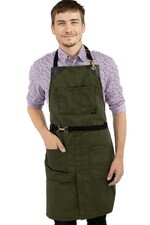 No-Tie Twill Apron, Leather Support, Split-Leg, For Chef Moss Green