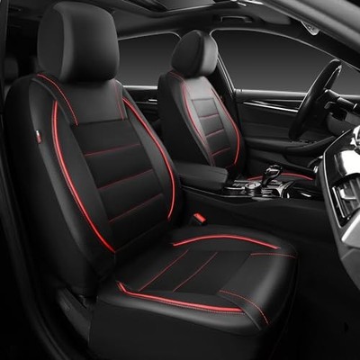 CAR PASS Universal FIT Piping Leather Two Front Seat Covers, Black Red