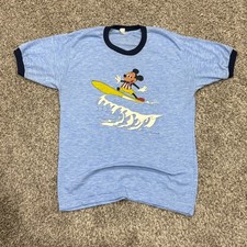 VINTAGE GRAIL 70s Disney Surfing Mickey Mouse Ringer Thin TShirt Blue Mens L