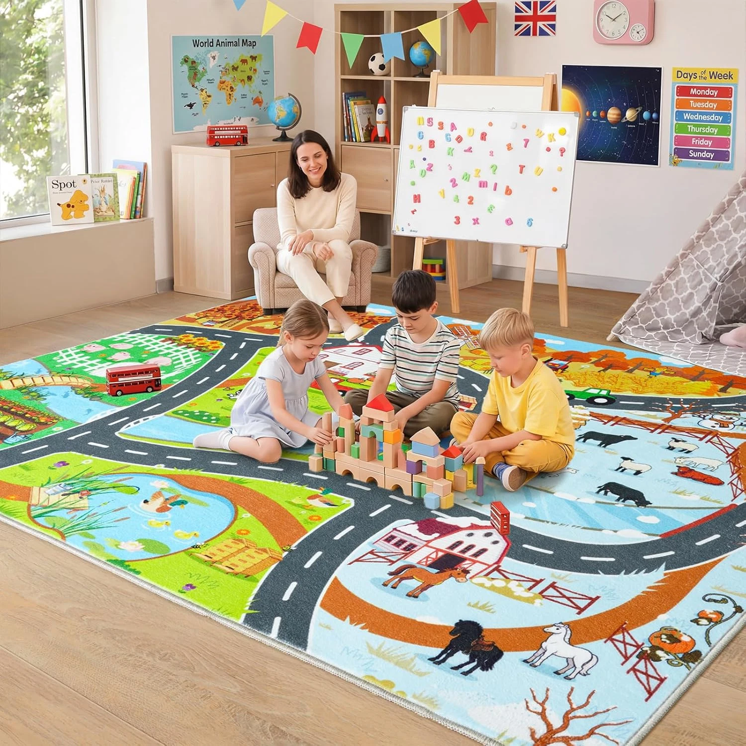 Car Rug Play Mat for Kids Toy Cars, 7' X 9' Town Country Barn Track Four Seasons