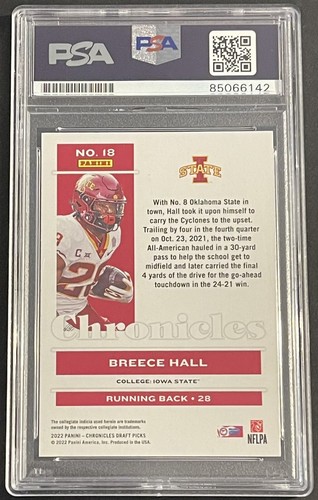 Breece Hall Signed 2022 Chronicles Rookie Card Jets PSA/DNA Auto Slabbed - Picture 2 of 2