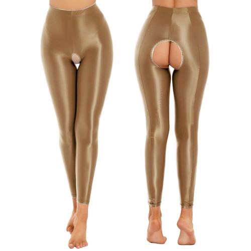 US Women Glossy Stain Stretchy Tights Pants Solid Color Open Crotch Sweatpants - Picture 34 of 55