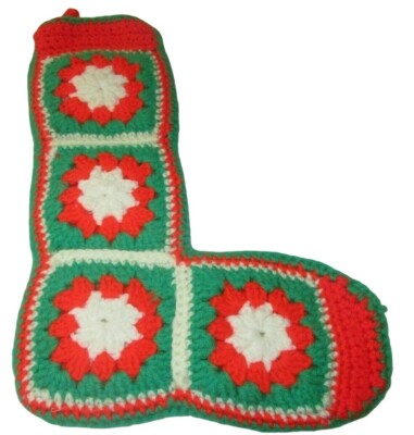 Vintage Handmade Crochet Granny Square BOHO Farmhouse Chic Christmas Stocking #2