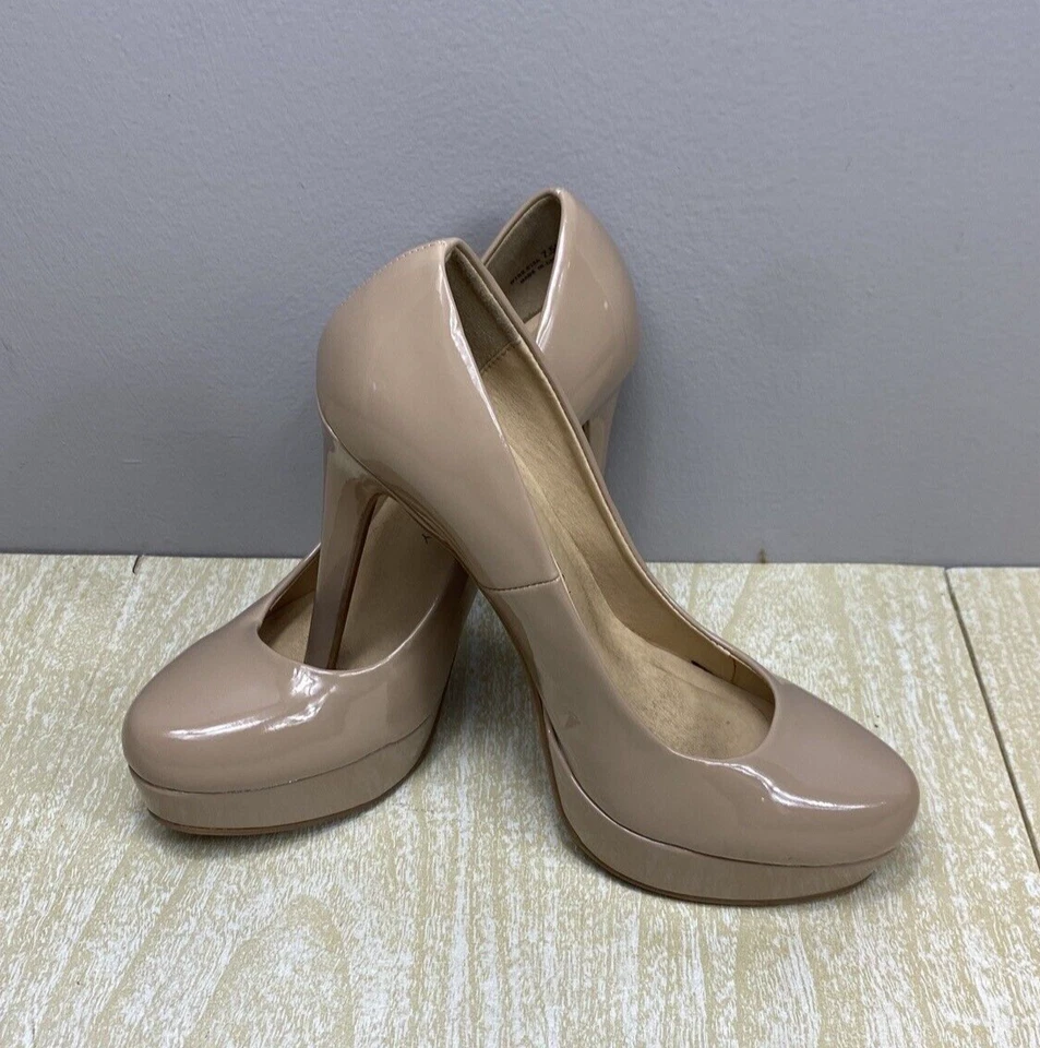 Zapatos de tacón de aguja con plataforma beige tostado desnudo charol lavandería chino 7,5 Foto 3 de 4