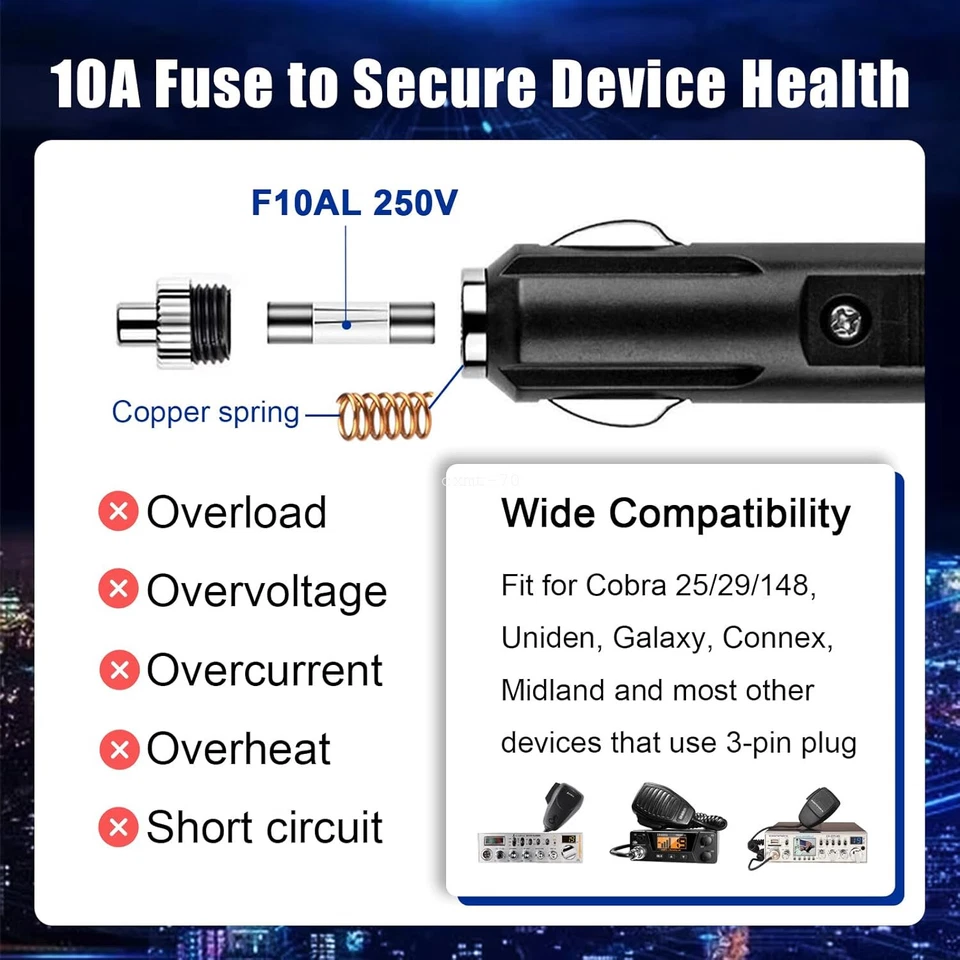 Cable de alimentación de radio CB enchufe de 3 pines y enchufe para encendedor de cigarrillos de coche 12 V para Uniden Foto 2 de 4