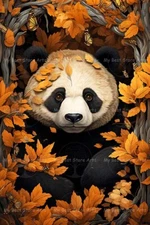 BABY PANDA ART PRINT, Fantasy Forest Poster, Bear Nursery Decor Leaves C258